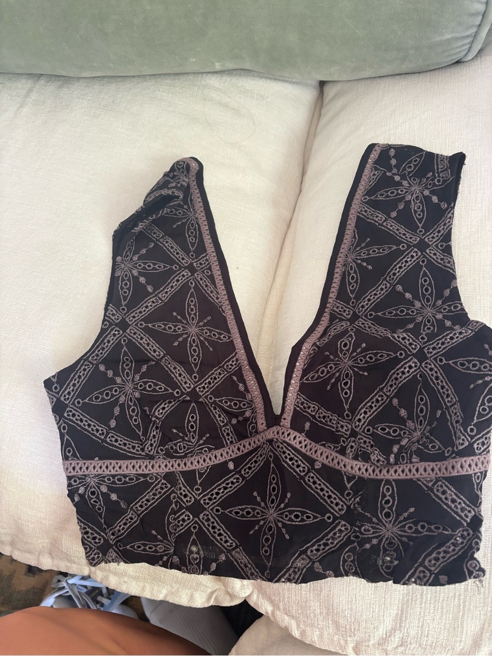 Free People Black Embroidered V-Neck Crop Top